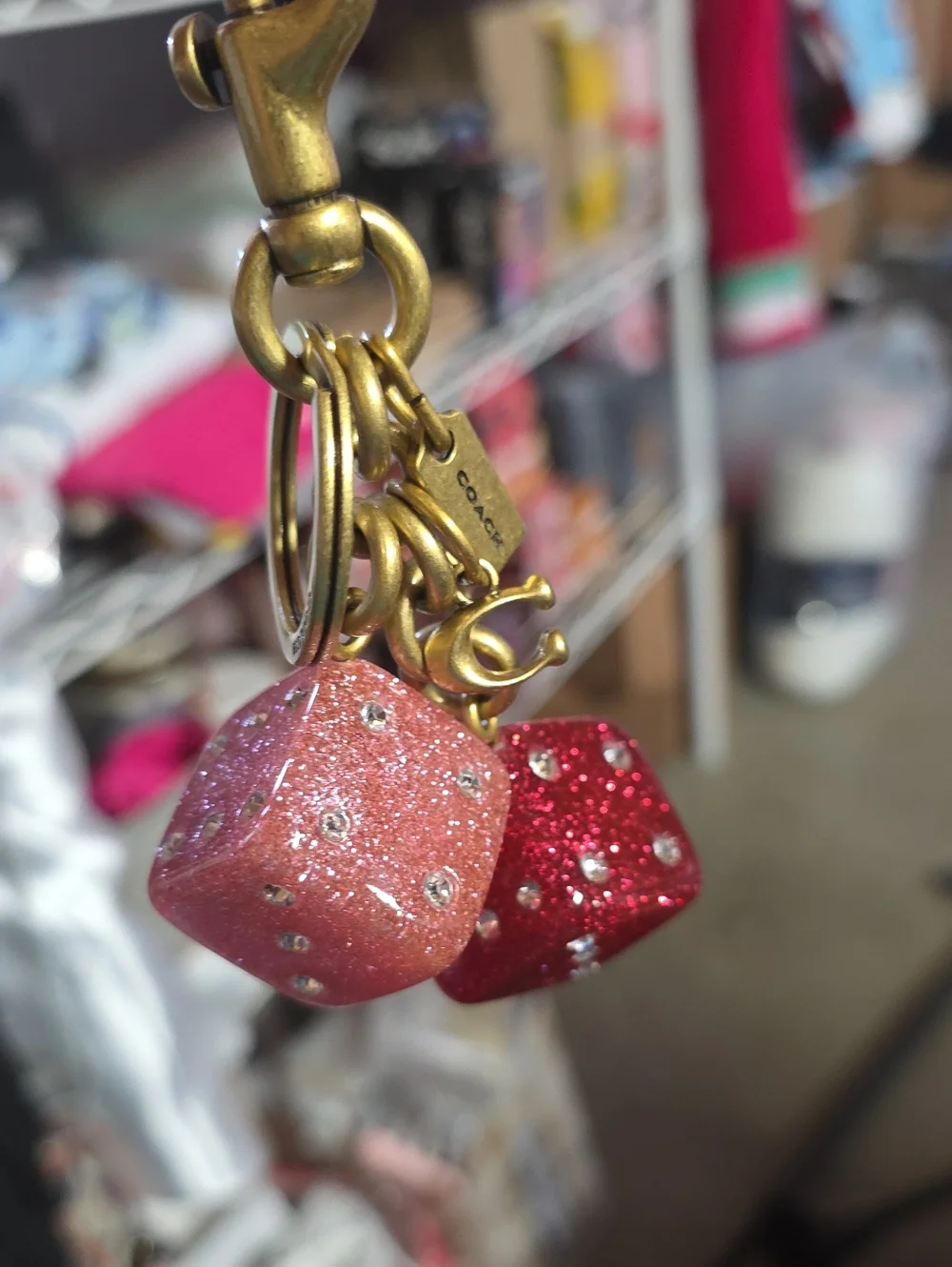 Coach Sparkling Large Glitter Dice Bag Charm W/ Dig Clip Euc with Dusty